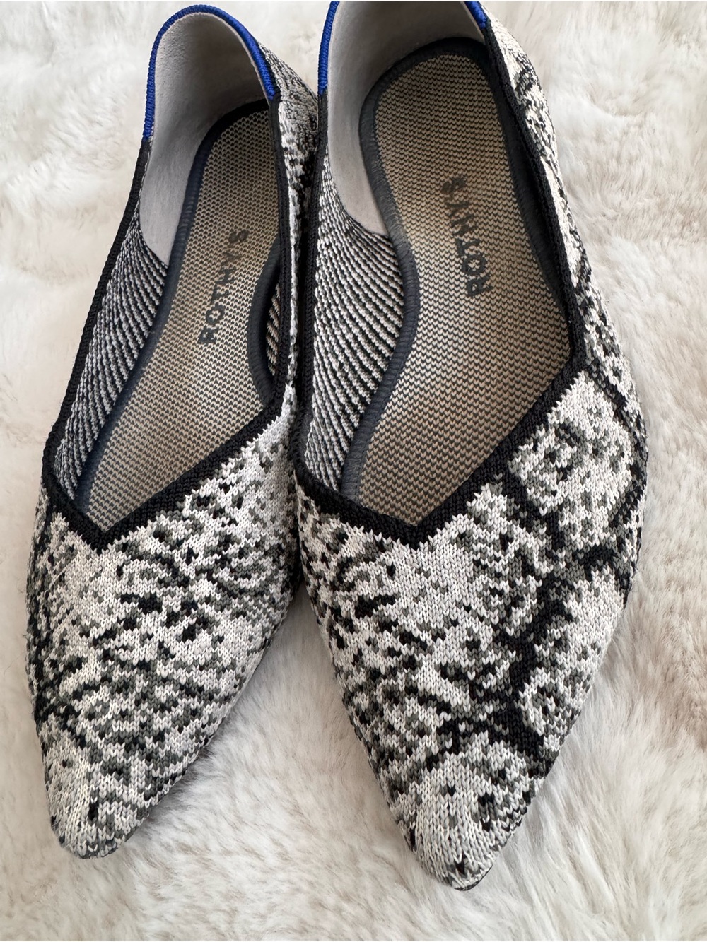 Rothy's Pointed Knit Flats in Black and Cream Pattern